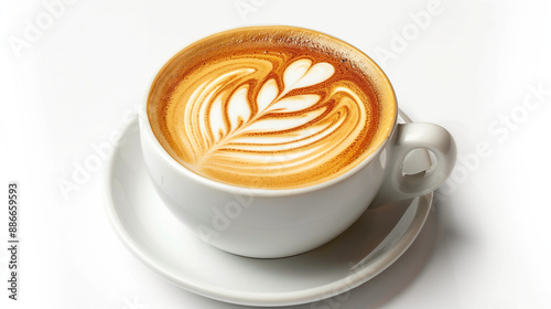 closeup hot coffee latte art cup on table. Hot coffee latte with beautiful milk foam latte art texture isolated on white background, clipping path included. Cup of coffee latte isolate. 