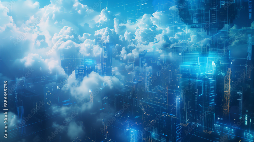 Obraz premium Digital cityscape emerging through clouds with data overlays.