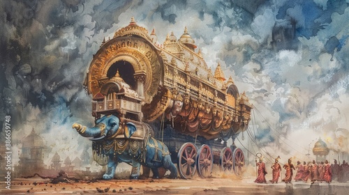 Watercolor painting by Latyatra, with a large, ornate chariot. A fantastic ca...