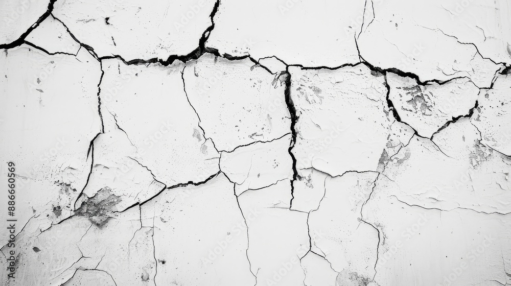 Close-up of a white wall with prominent black crack lines, construction background. Close-up of a white wall with prominent black crack lines, construction background.