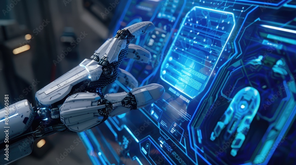 Close-up of robotic finger pressing a blue hologram screen, with a designated text input space. Close-up of robotic finger pressing a blue hologram screen, with a designated text input space.