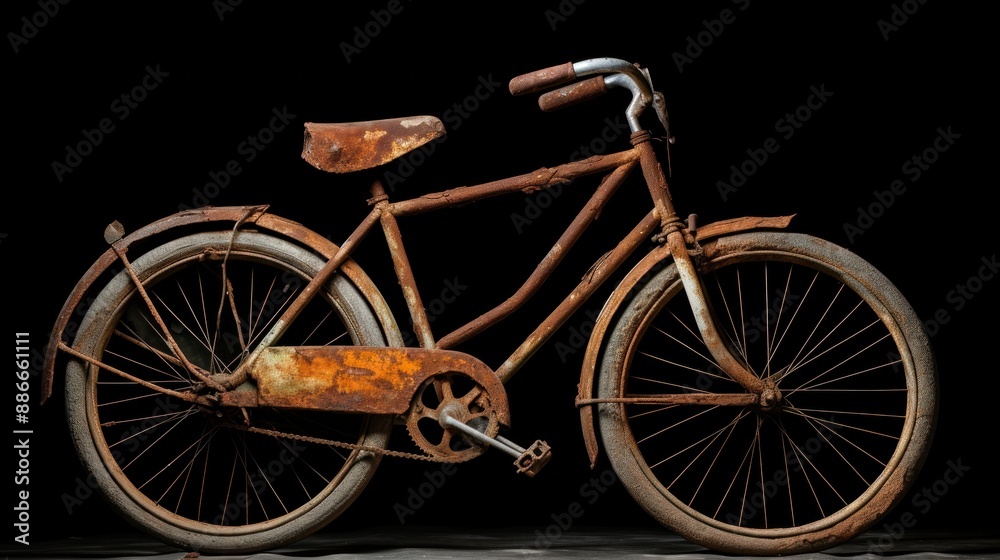 Fototapeta premium A rusty bicycle, its frame bent and tires flat