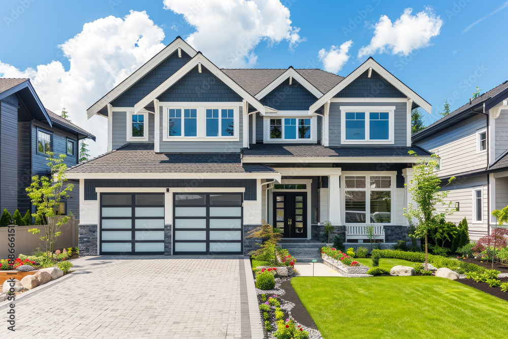 A large house with a white garage door and a black front door A large house with a white garage door and a black front door