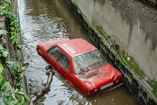 A red car is submerged in water