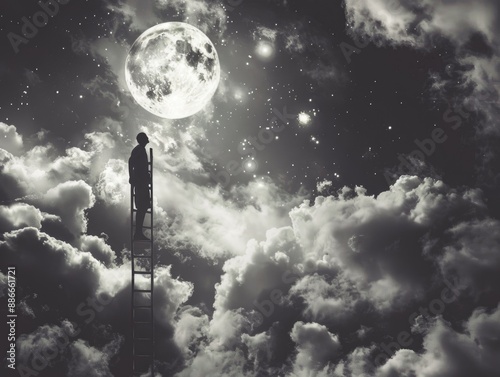 A person standing on a ladder gazing up at the full moon, potentially contemplating or making a wish photo