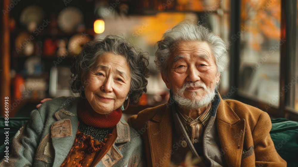 A senior couple smiles at the camera while sitting in a cafe. A senior couple smiles at the camera while sitting in a cafe.