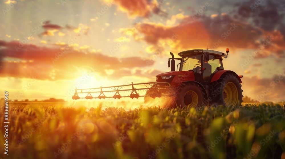 Fototapeta premium Tractor spray fertilize field with insecticide herbicide chemicals in agriculture field.AI generated image