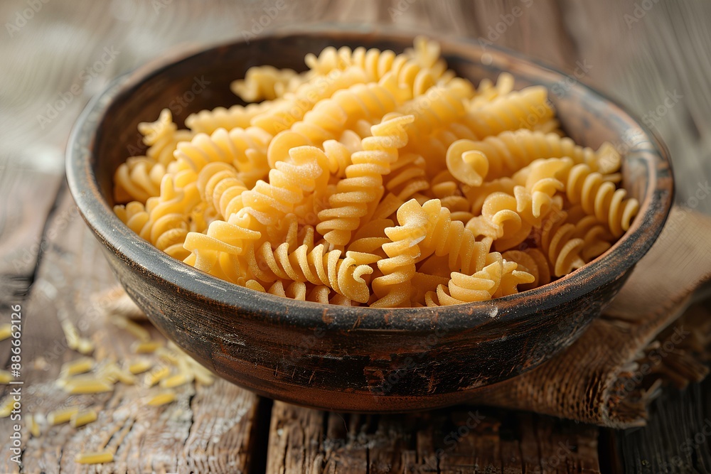 A bowl of pasta sitting on top of a wooden table A bowl of pasta sitting on top of a wooden table