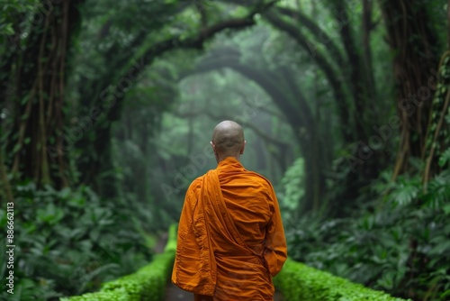 Novice monk practicing walking meditation in a lush forest, [mindfulness], [nature serenity]