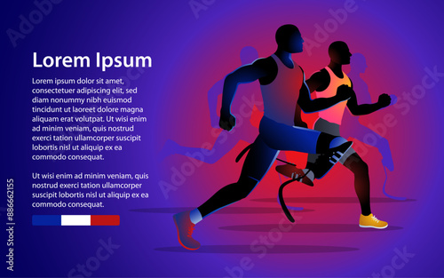 Vibrant colors of Para athletes races with prosthetic legs. Perfect for a sports event article, this highlights determination, athleticism, and the triumph of the human spirit.