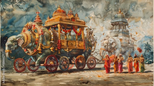 Watercolor painting by Latyatra, with a large, ornate chariot. A fantastic ca...