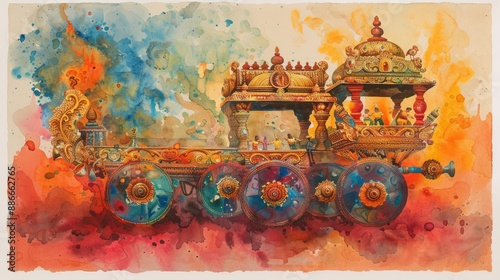 Watercolor painting by Latyatra, with a large, ornate chariot. A fantastic ca...