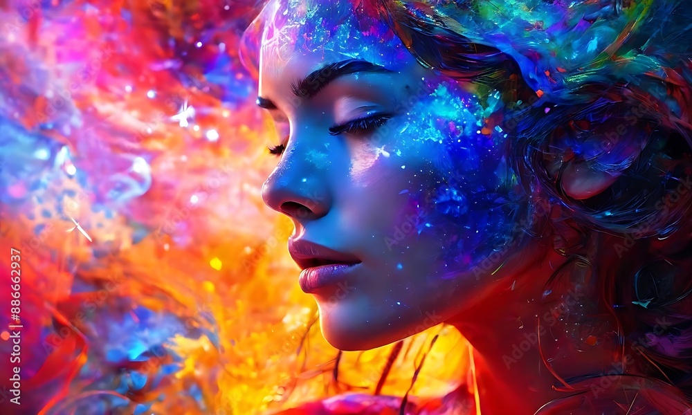 A woman with her eyes closed, set against an intensely vibrant and colorful background A woman with her eyes closed, set against an intensely vibrant and colorful background