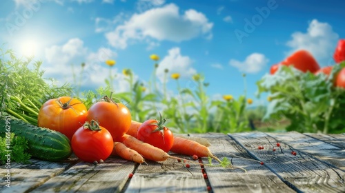 Colorful vegetables including carrots, tomatoes, and cucumbers on a wooden table under a blue sky.