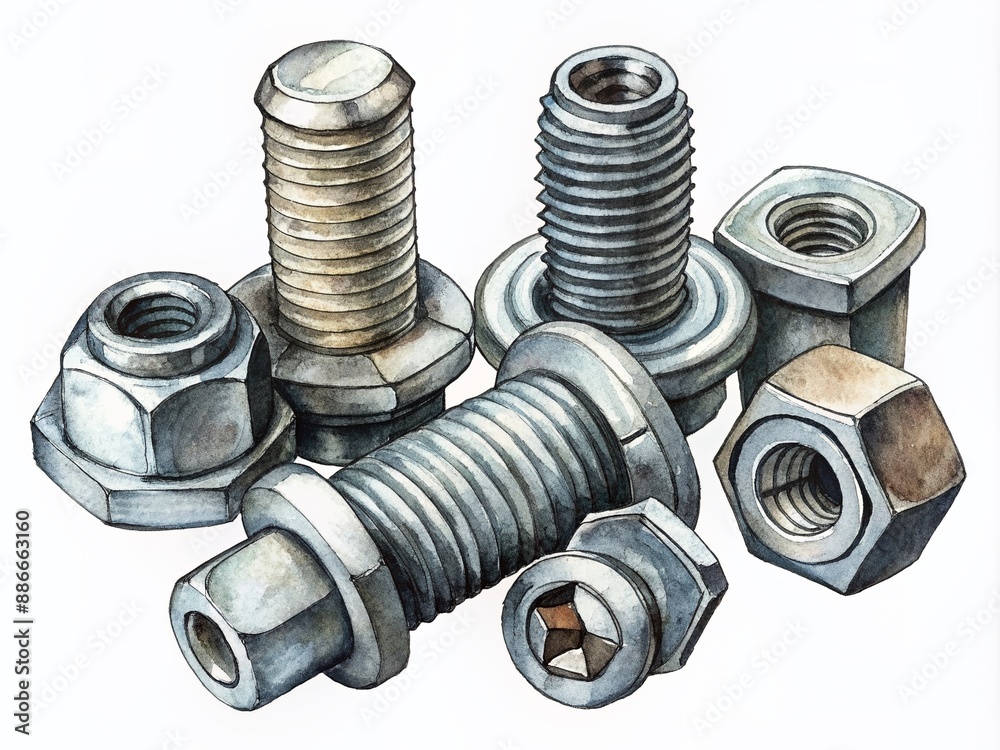 Assorted metal bolt heads in various shapes and sizes isolated on a pure white background, showcasing precise threading and durable construction details. Assorted metal bolt heads in various shapes and sizes isolated on a pure white background, showcasing precise threading and durable construction details.