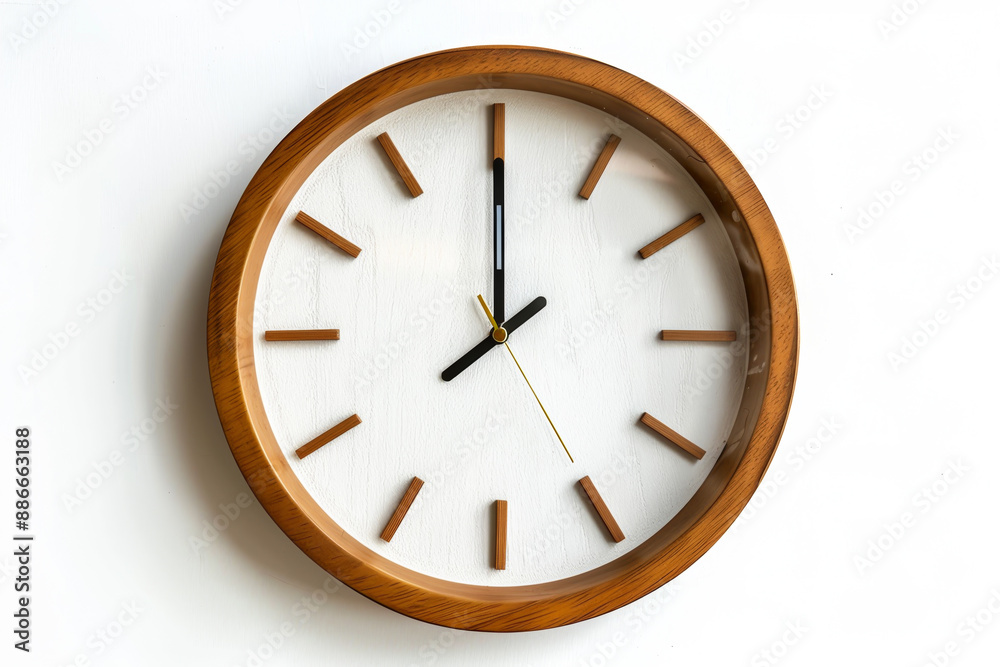A wooden clock with a white face and black hands showing the time as 10:30 A wooden clock with a white face and black hands showing the time as 10:30