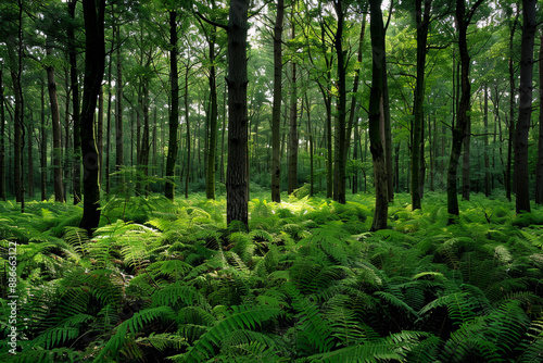 A lush green forest with a lot of trees and plants