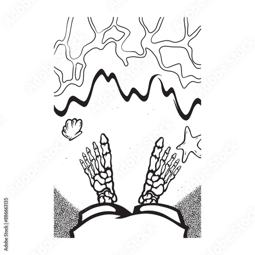 A skull feet in beach line art illustration