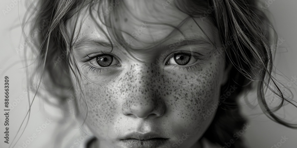 A young girl with distinct freckles on her face, captured in a close-up shot A young girl with distinct freckles on her face, captured in a close-up shot