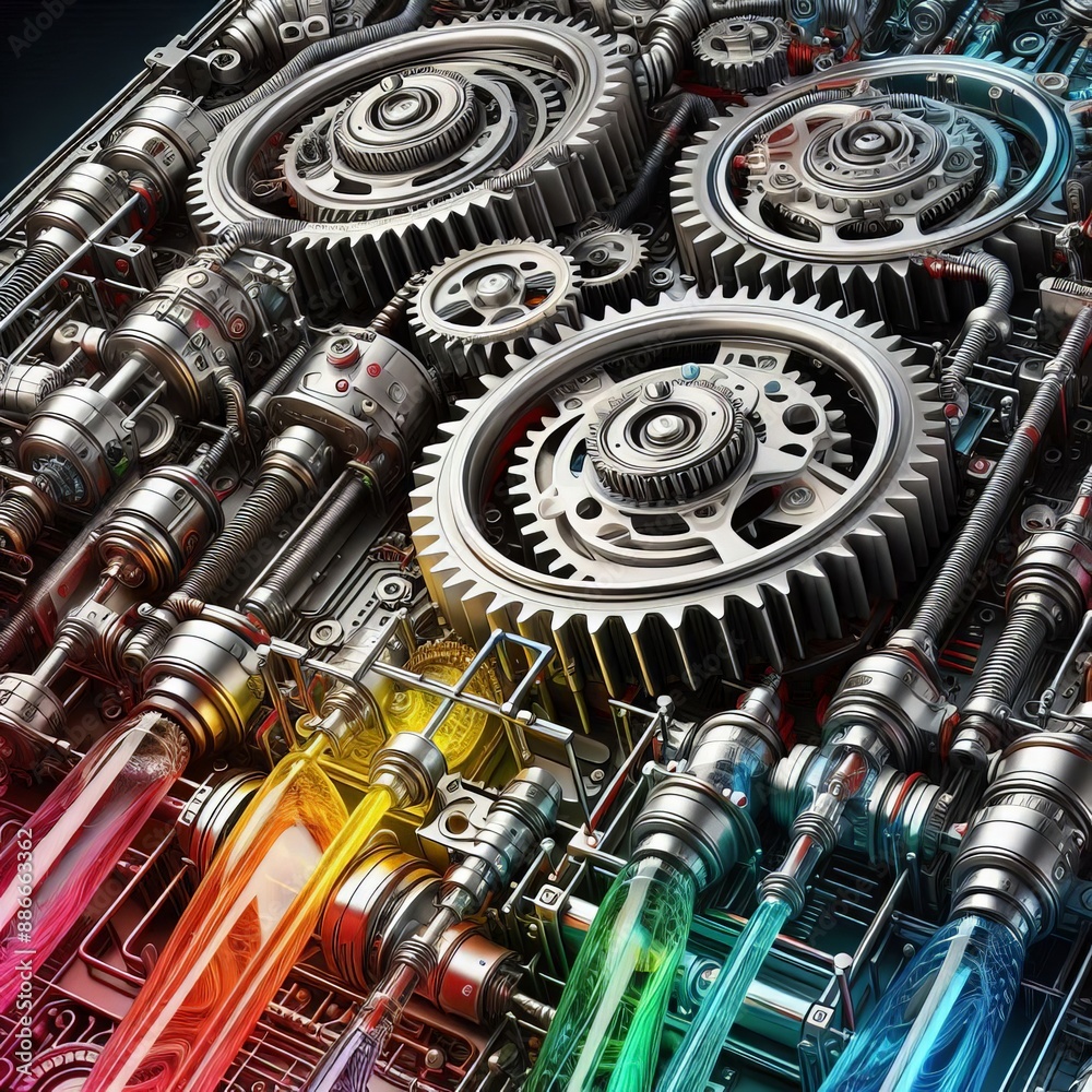 Detailed 3d background of futuristic mechanisms, gears with machine oil between them, wires, transparent tubes with colored liquid