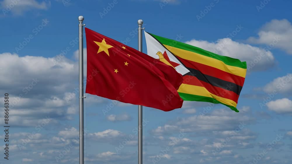 Zimbabwe and China flags flying together, video concept of the relationship, two country cooperation concept Zimbabwe and China flags flying together, video concept of the relationship, two country cooperation concept