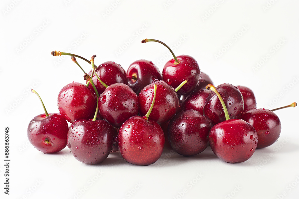 A bunch of red cherries with green leaves A bunch of red cherries with green leaves