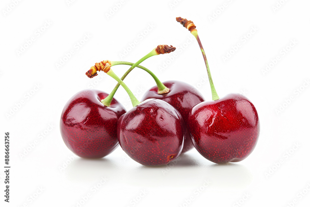 Four cherries are sitting on a white background Four cherries are sitting on a white background