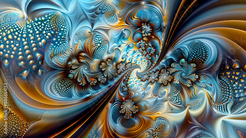Intricate Fractal Design with Blue and Bronze Swirls and Detailed Patterns.
