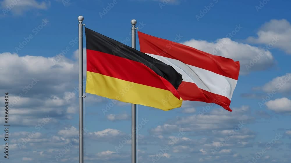 Austria and Germany flags flying together, video concept of the relationship, two country relations concept Austria and Germany flags flying together, video concept of the relationship, two country relations concept