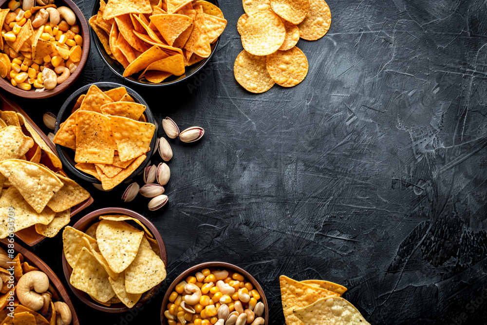 A row of chips and nuts on a black background