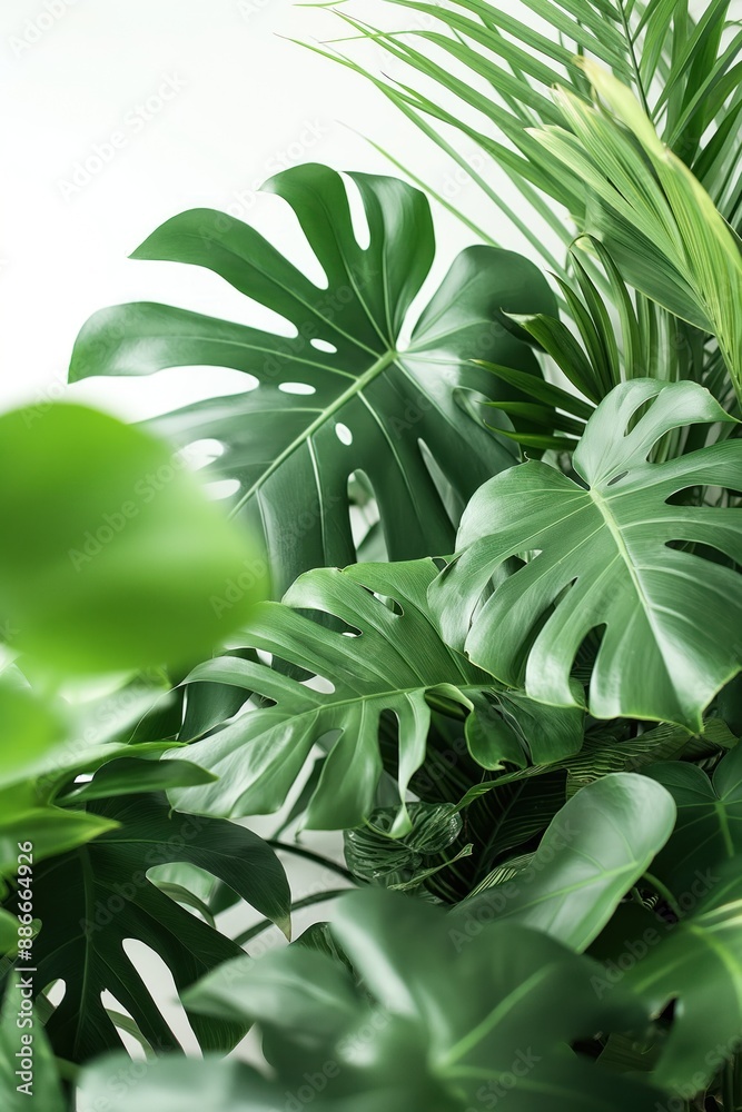 Close-up shot of large Monstera plant with curled green leaves on white background. Filling frame with depth and perspective. Ideal for eco home decor, interior design, wellness. Close-up shot of large Monstera plant with curled green leaves on white background. Filling frame with depth and perspective. Ideal for eco home decor, interior design, wellness.