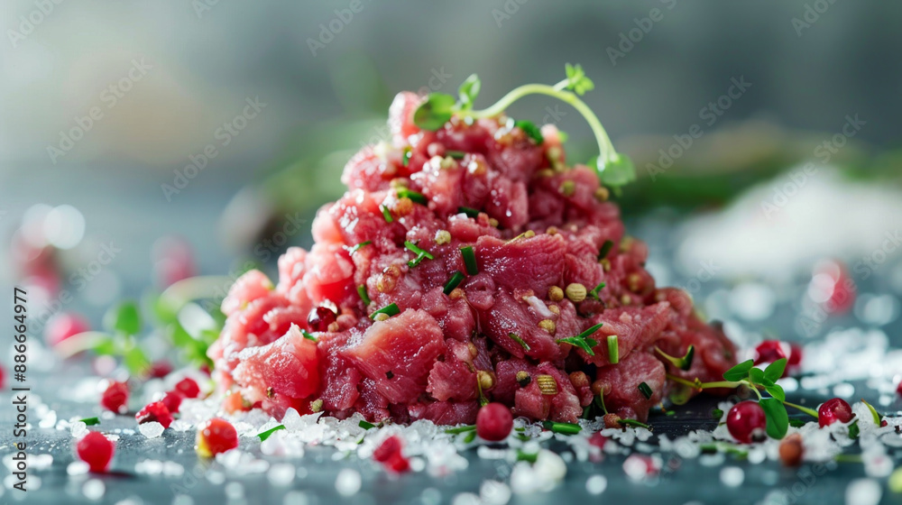 A pile of meat with herbs and spices on top of a black table A pile of meat with herbs and spices on top of a black table