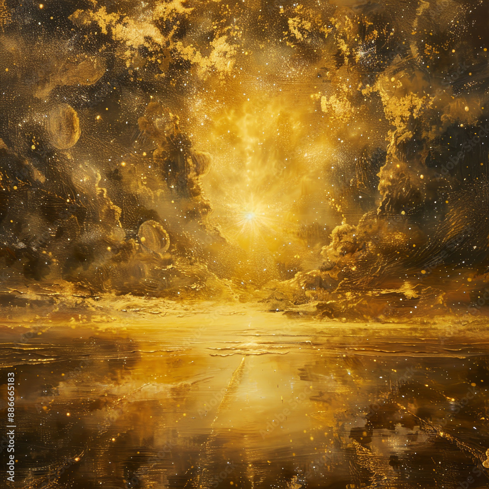Fototapeta premium A painting of a yellow sun shining on a calm ocean with a reflection of the sun