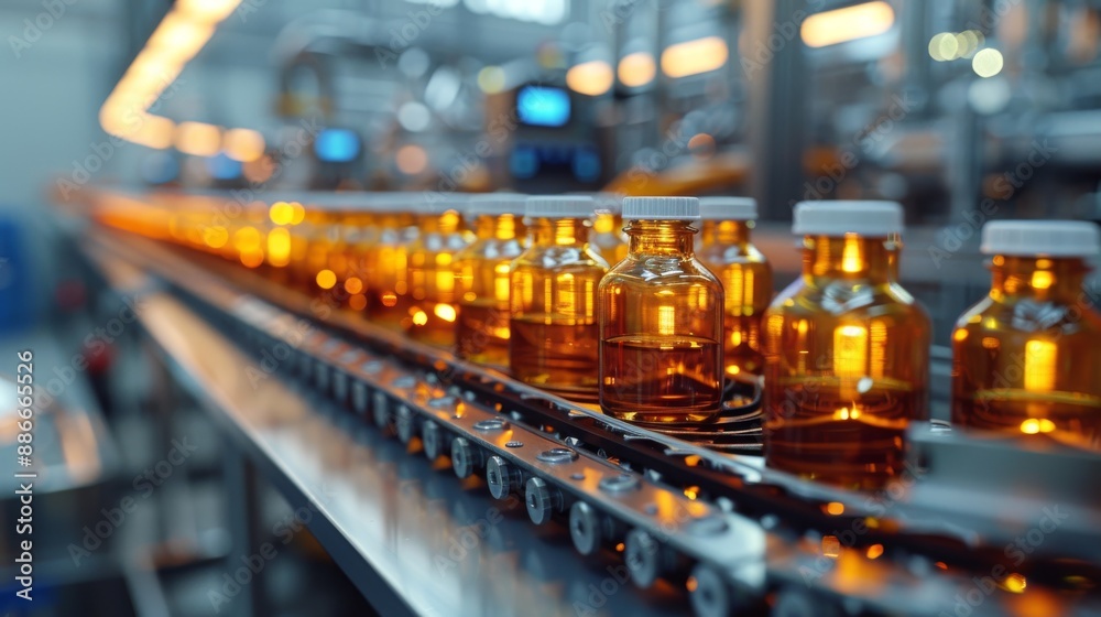 Glass bottles filled with precision medicine moving along an automated production line in a modern pharmaceutical facility Glass bottles filled with precision medicine moving along an automated production line in a modern pharmaceutical facility