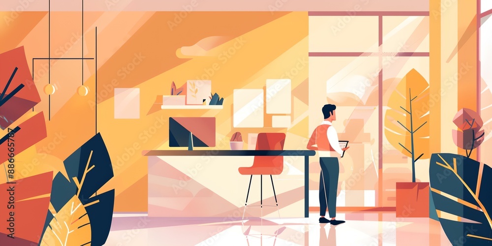 Fototapeta premium A man is standing in a room with a laptop. The room is decorated with plants and has a modern design. The man is focused on his work, possibly typing on his laptop. Scene is professional and focused