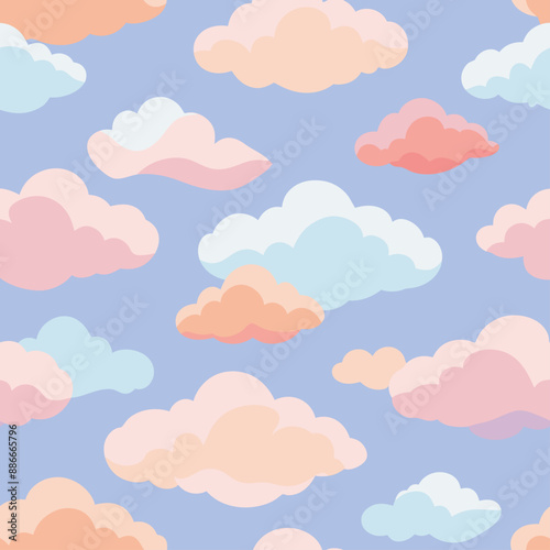 Seamless pattern with colorful clouds on a blue background