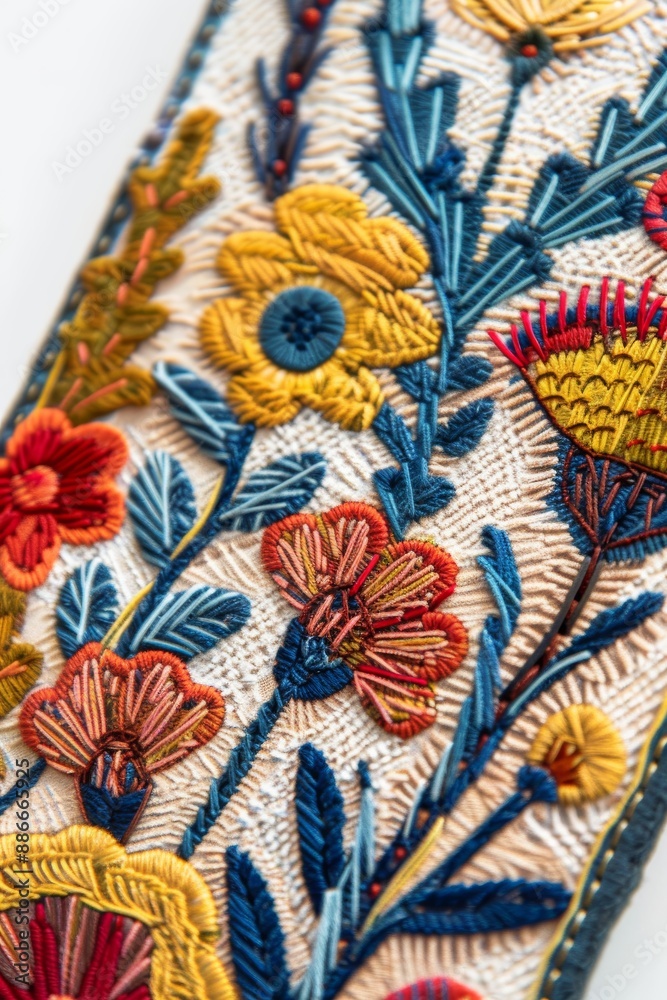 Fototapeta premium Handmade Floral Embroidered Bookmark with Colorful Flower Design on Neutral Background