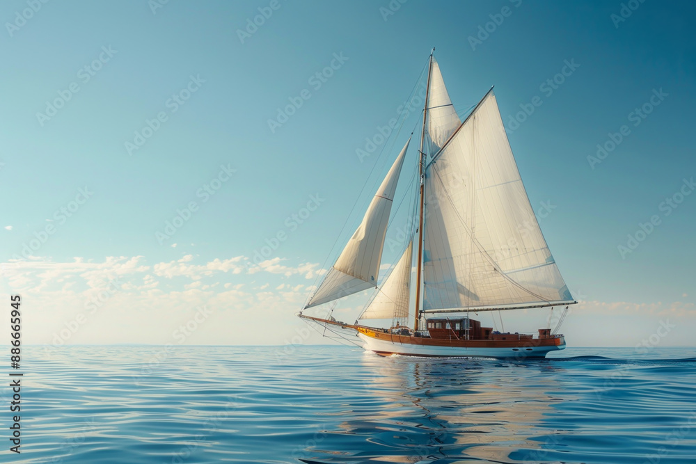 A sailboat is sailing on the ocean with a clear blue sky in the background A sailboat is sailing on the ocean with a clear blue sky in the background