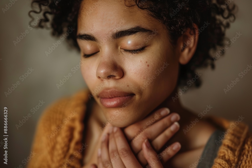 Heartfelt Emotions - Close-Up of Person Holding Their Chest with Serene Expression for Emotional Wellness Heartfelt Emotions - Close-Up of Person Holding Their Chest with Serene Expression for Emotional Wellness