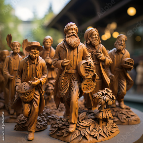 wooden carved statue of human animals buildings and nature