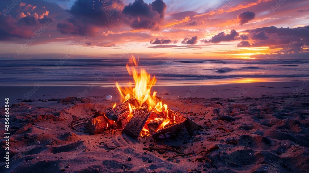 Bonfire in the middle of a beautiful paradise beach on a sunset Bonfire in the middle of a beautiful paradise beach on a sunset