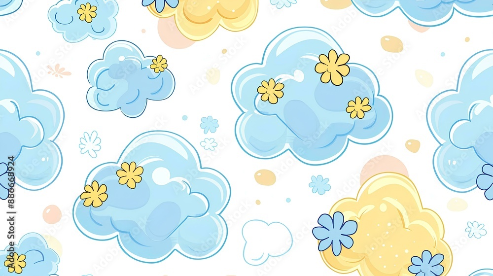 Cute cartoon cloud pattern with a light blue and yellow color scheme on a white background children's wallpaper style Cute cartoon cloud pattern with a light blue and yellow color scheme on a white background children's wallpaper style