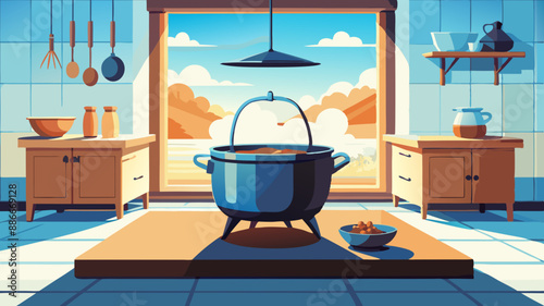 cast iron cauldron on the stove cooking on the fire interior of a kitchen 