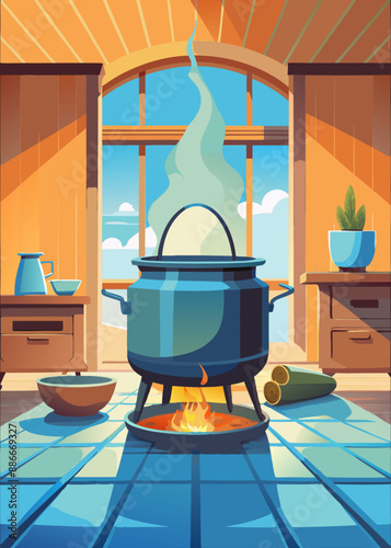 cast iron cauldron on the stove cooking on the fire interior of a kitchen 