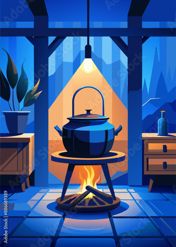 cast iron cauldron on the stove cooking on the fire interior of a kitchen 