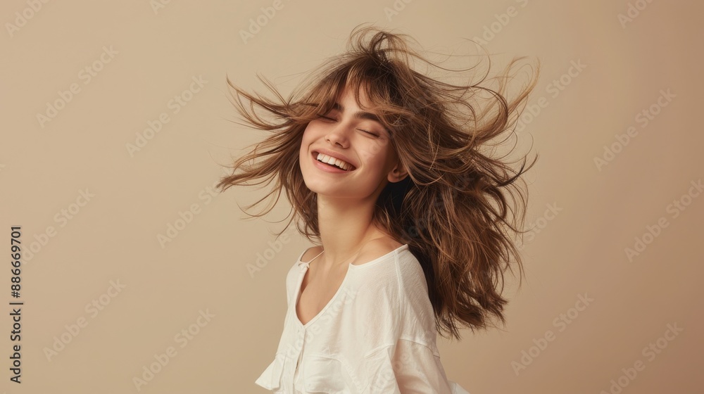 Joyful Woman in Casual Clothing: Bright Smile in Studio Setting - Advertising and Banners