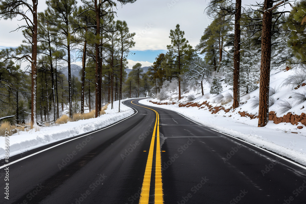 Winter Landscape with Snowy Forest and Winding Road Winter Landscape with Snowy Forest and Winding Road