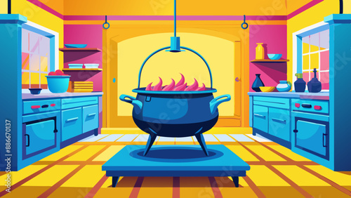 cast iron cauldron on the stove cooking on the fire interior of a kitchen 