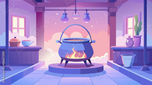 cast iron cauldron on the stove cooking on the fire interior of a kitchen 