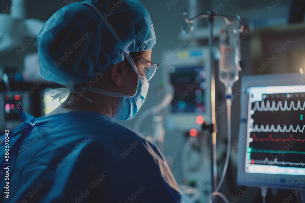 A doctor in a blue lab coat is looking at a monitor